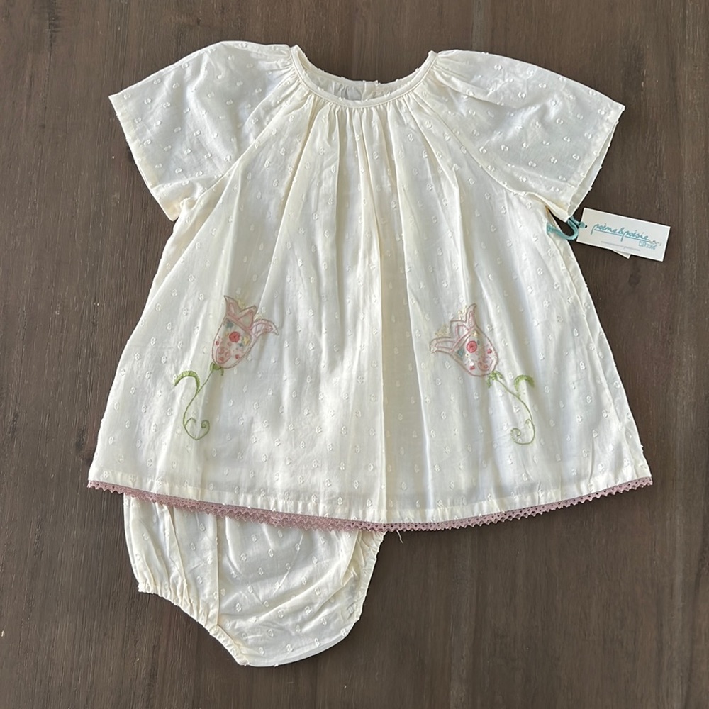 New Girl Poeme & Poesie Cream Dotted Swiss Embroidered Tulip Dress & Bloomer Set